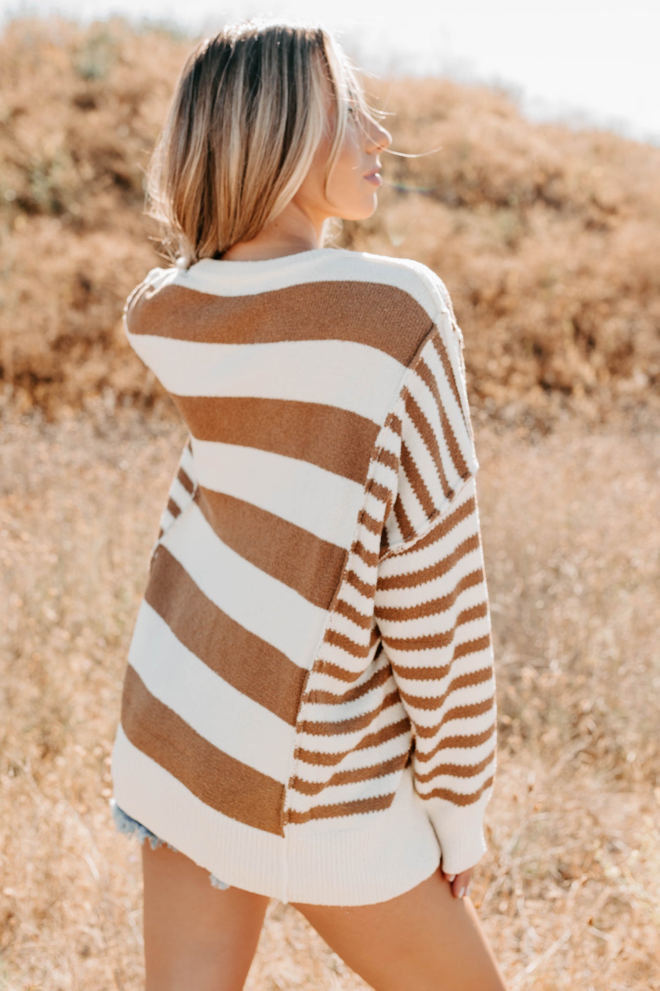Backseat Glam Long Sleeve Stripe Sweater (Cream/Taupe) - NanaMacs