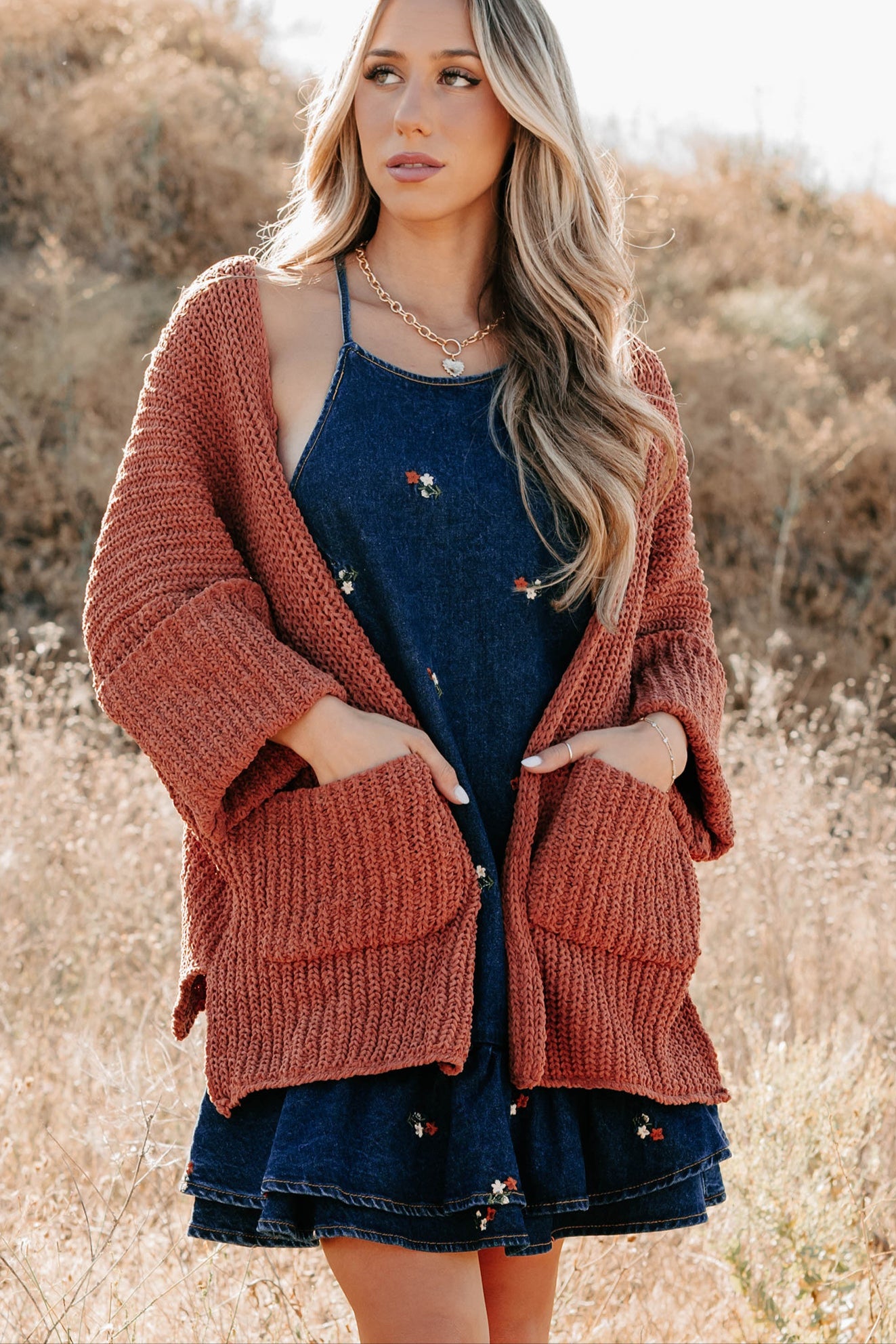 Quiet Times Cuffed Sleeve POL Cardigan (Brick) - NanaMacs