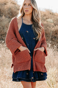 Quiet Times Cuffed Sleeve POL Cardigan (Brick) - NanaMacs