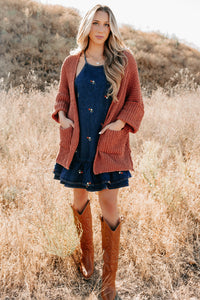 Quiet Times Cuffed Sleeve POL Cardigan (Brick) - NanaMacs