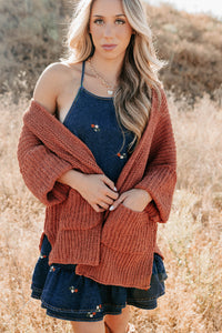 Quiet Times Cuffed Sleeve POL Cardigan (Brick) - NanaMacs