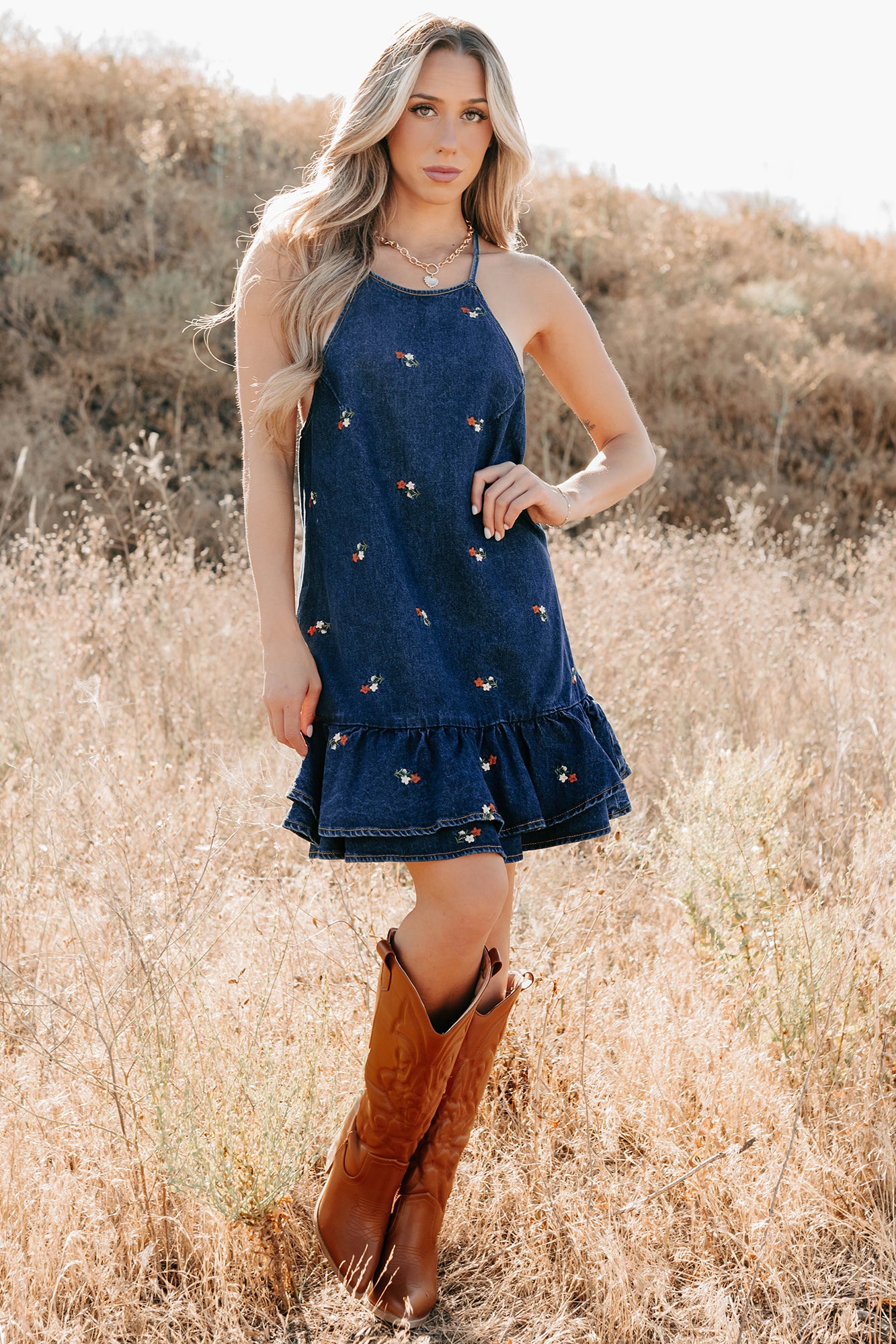 Graceful Grit Halter Floral Mini Dress (Dark Denim) - NanaMacs