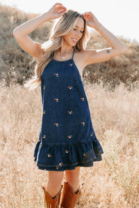 Graceful Grit Halter Floral Mini Dress (Dark Denim) - NanaMacs