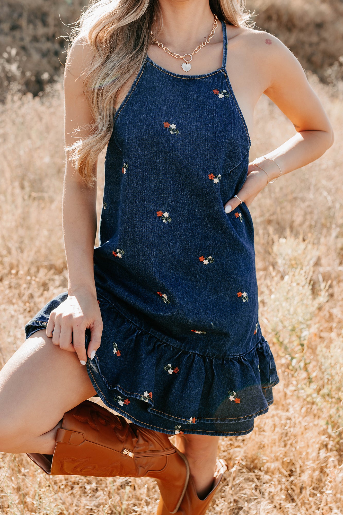Graceful Grit Halter Floral Mini Dress (Dark Denim) - NanaMacs