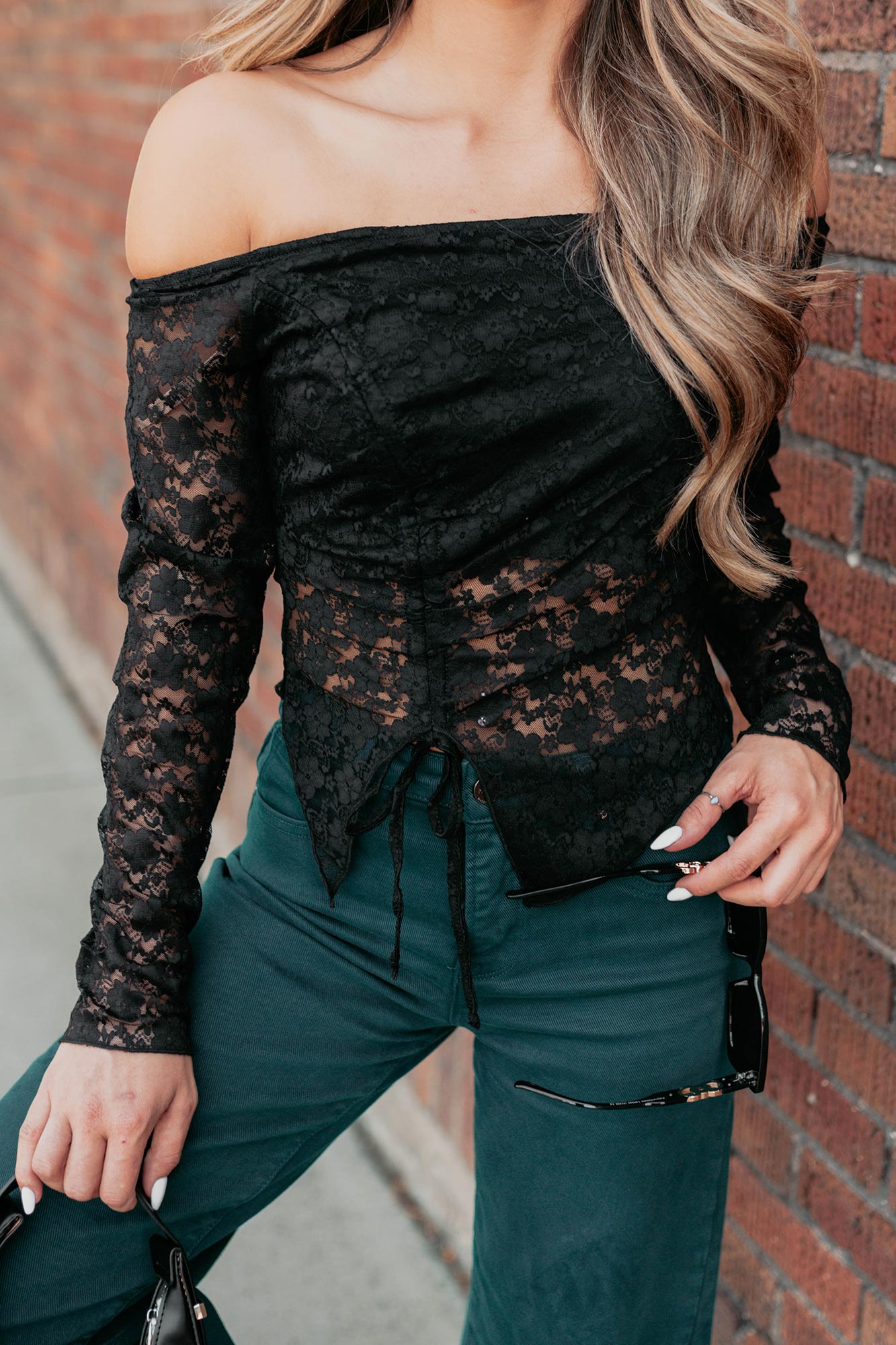 Up To Standard Ruched Lace Asymmetric Top (Black) - NanaMacs