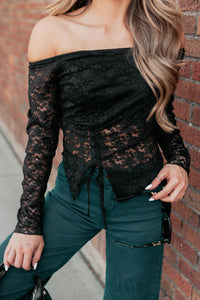 Up To Standard Ruched Lace Asymmetric Top (Black) - NanaMacs