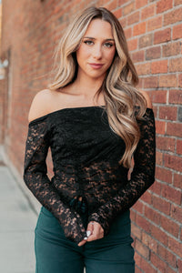 Up To Standard Ruched Lace Asymmetric Top (Black) - NanaMacs