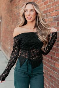 Up To Standard Ruched Lace Asymmetric Top (Black) - NanaMacs