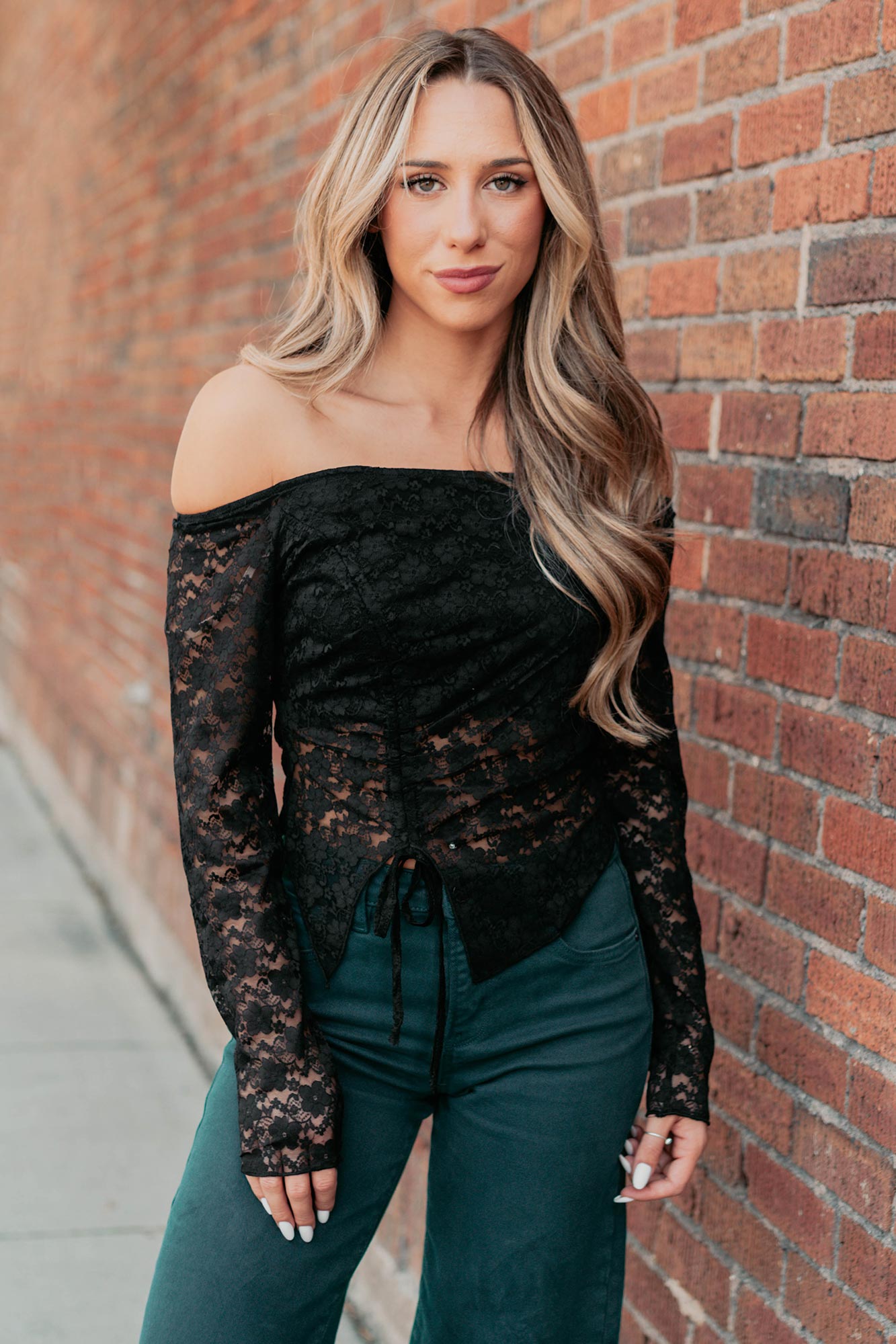 Up To Standard Ruched Lace Asymmetric Top (Black) - NanaMacs