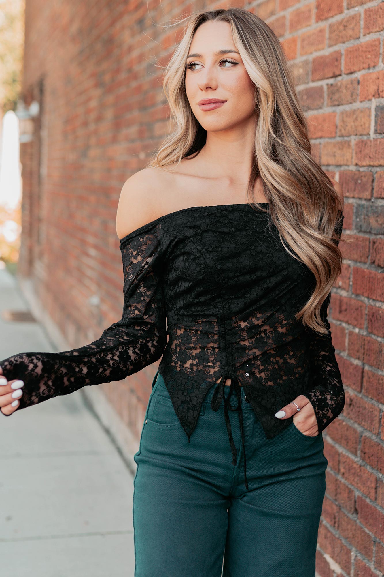 Up To Standard Ruched Lace Asymmetric Top (Black) - NanaMacs