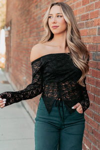 Up To Standard Ruched Lace Asymmetric Top (Black) - NanaMacs