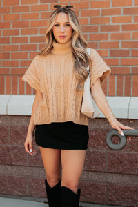 Cozy Escape Short Sleeve Cable Knit Sweater (Taupe) - NanaMacs