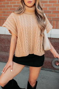 Cozy Escape Short Sleeve Cable Knit Sweater (Taupe) - NanaMacs