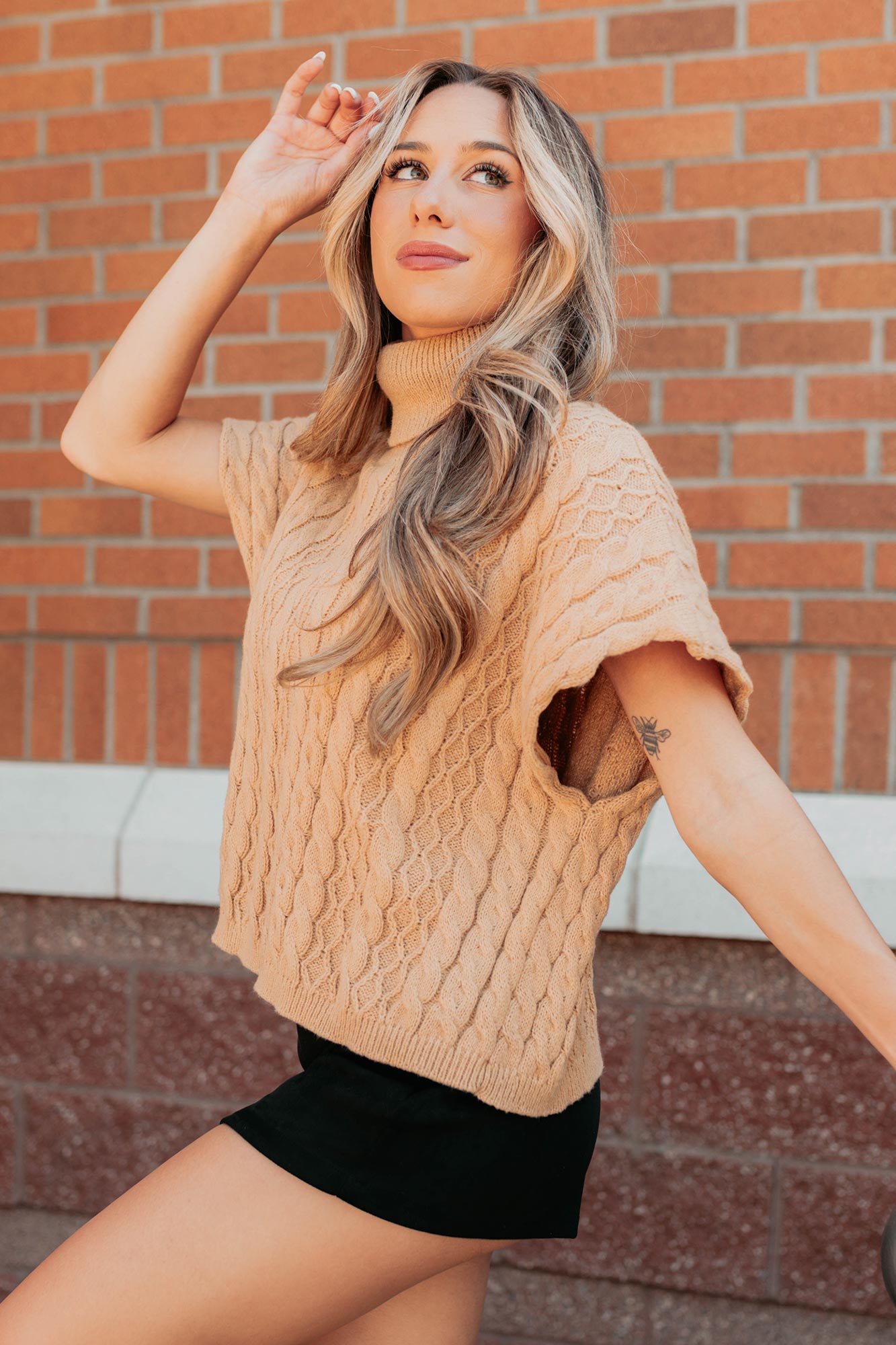 Cozy Escape Short Sleeve Cable Knit Sweater (Taupe) - NanaMacs