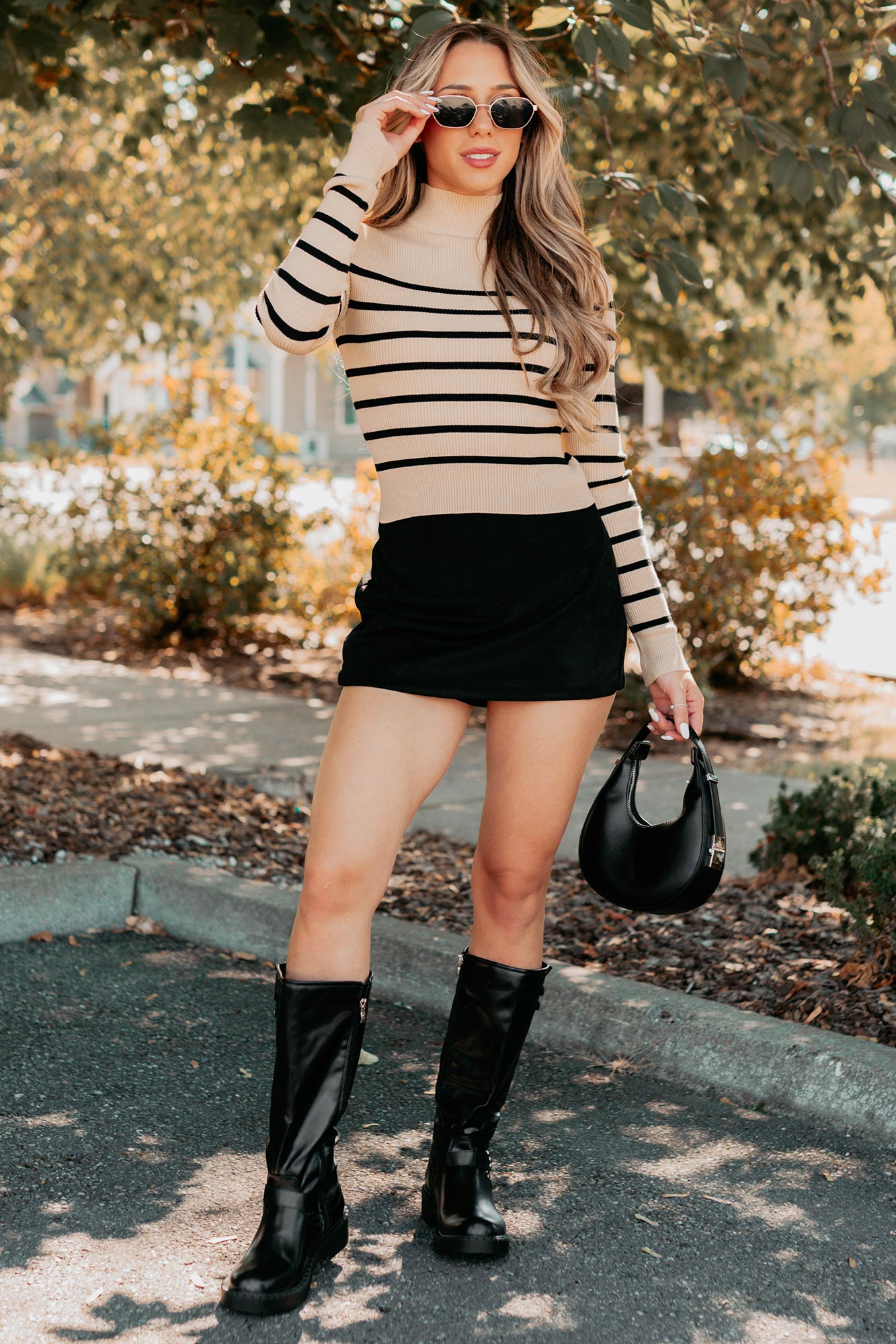 Blissful Rest Striped Mock Neck Sweater Top (Taupe/Black) - NanaMacs