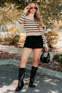 Blissful Rest Striped Mock Neck Sweater Top (Taupe/Black) - NanaMacs