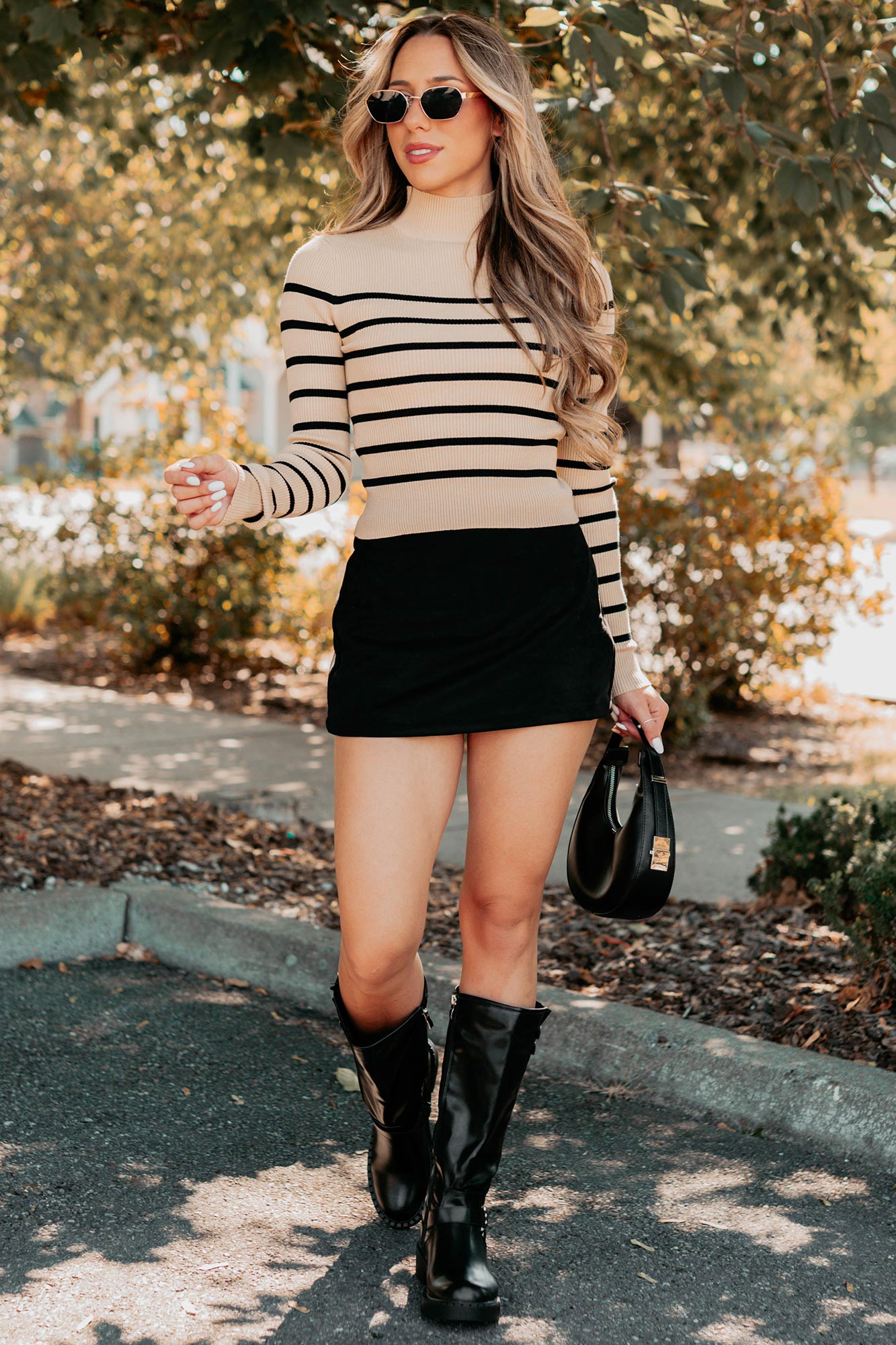 Blissful Rest Striped Mock Neck Sweater Top (Taupe/Black) - NanaMacs