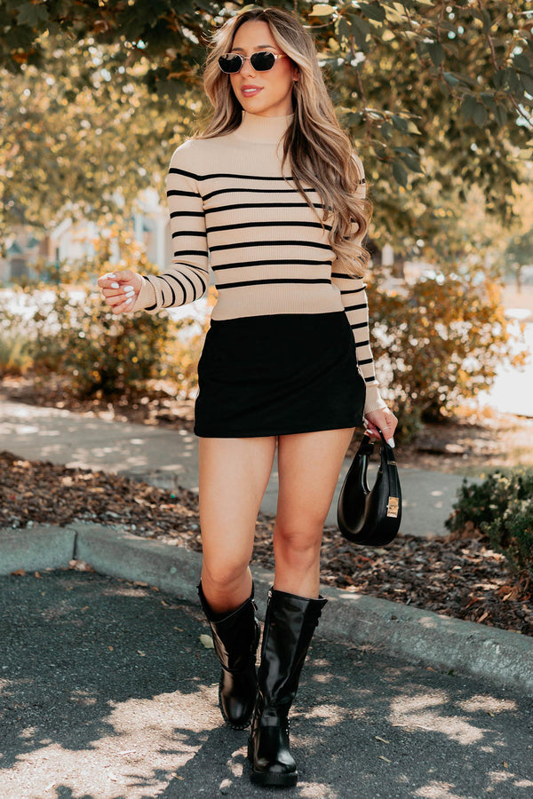 Blissful Rest Striped Mock Neck Sweater Top (Taupe/Black) - NanaMacs