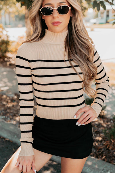 Blissful Rest Striped Mock Neck Sweater Top (Taupe/Black) - NanaMacs