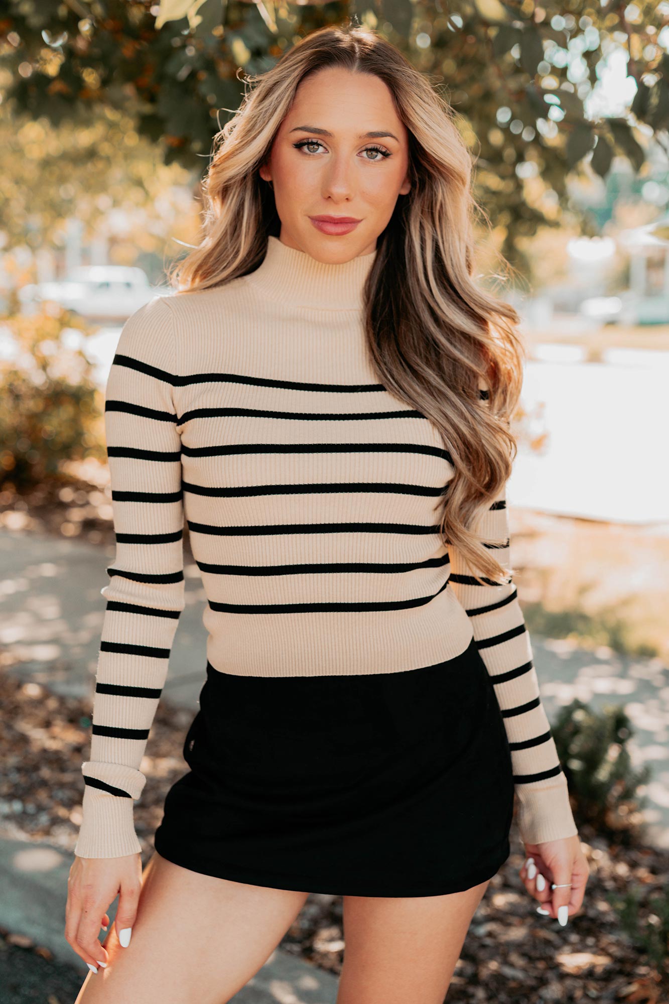 Blissful Rest Striped Mock Neck Sweater Top (Taupe/Black) - NanaMacs