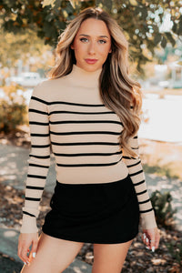 Blissful Rest Striped Mock Neck Sweater Top (Taupe/Black) - NanaMacs