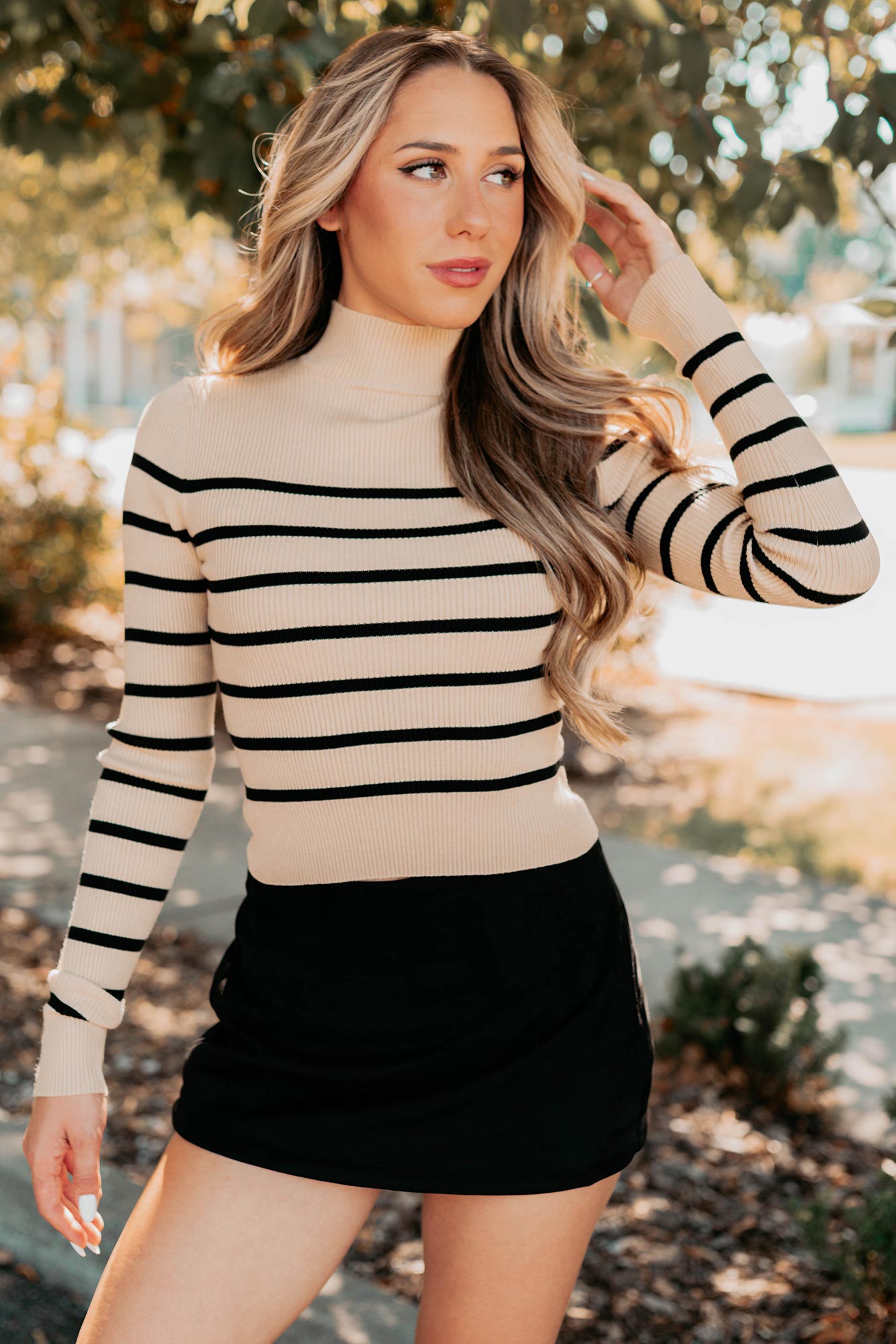 Blissful Rest Striped Mock Neck Sweater Top (Taupe/Black) - NanaMacs