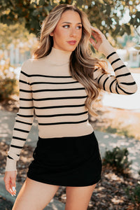 Blissful Rest Striped Mock Neck Sweater Top (Taupe/Black) - NanaMacs