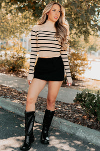 Blissful Rest Striped Mock Neck Sweater Top (Taupe/Black) - NanaMacs