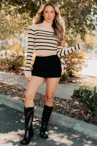 Blissful Rest Striped Mock Neck Sweater Top (Taupe/Black) - NanaMacs