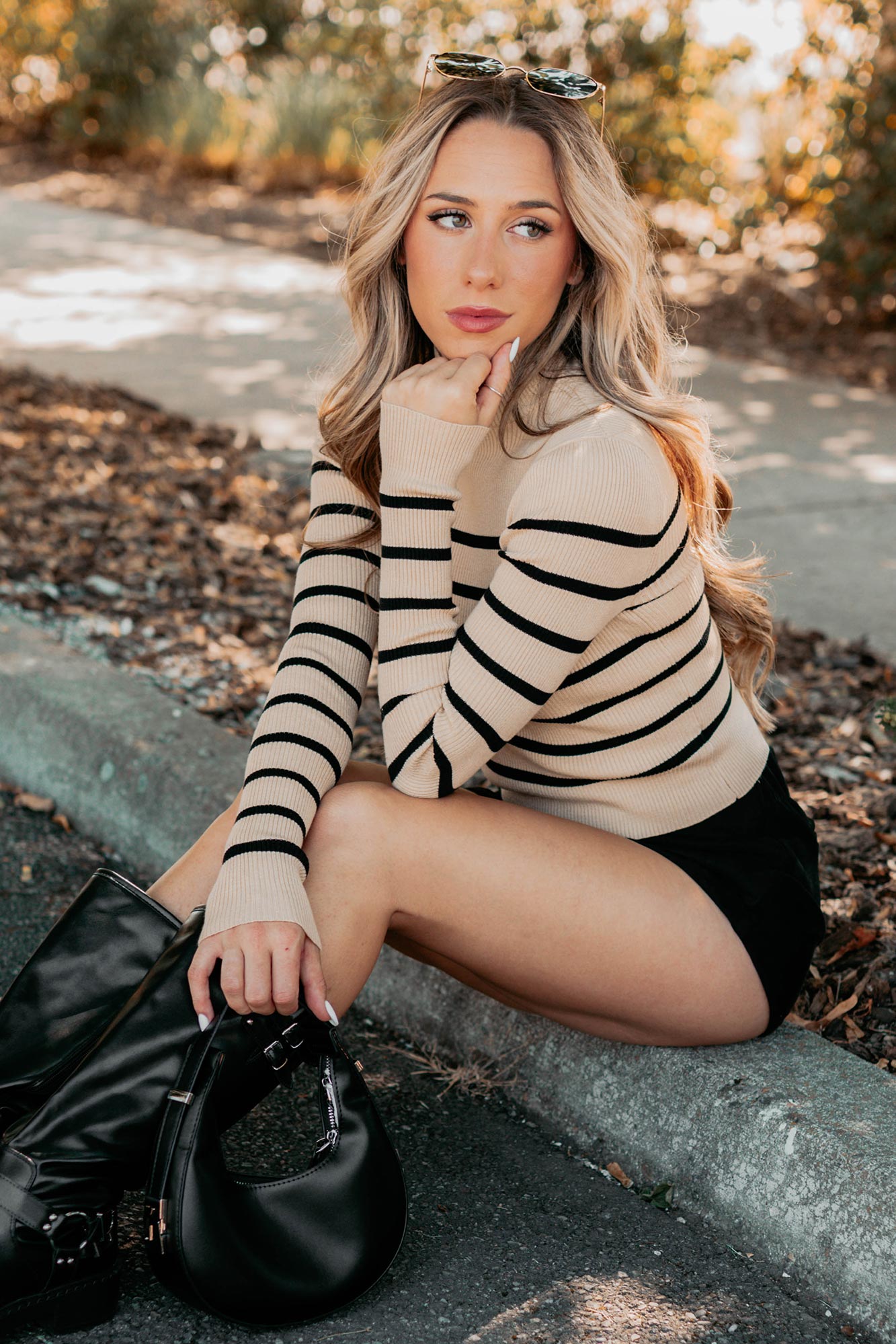 Blissful Rest Striped Mock Neck Sweater Top (Taupe/Black) - NanaMacs