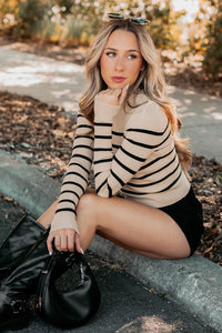 Blissful Rest Striped Mock Neck Sweater Top (Taupe/Black) - NanaMacs