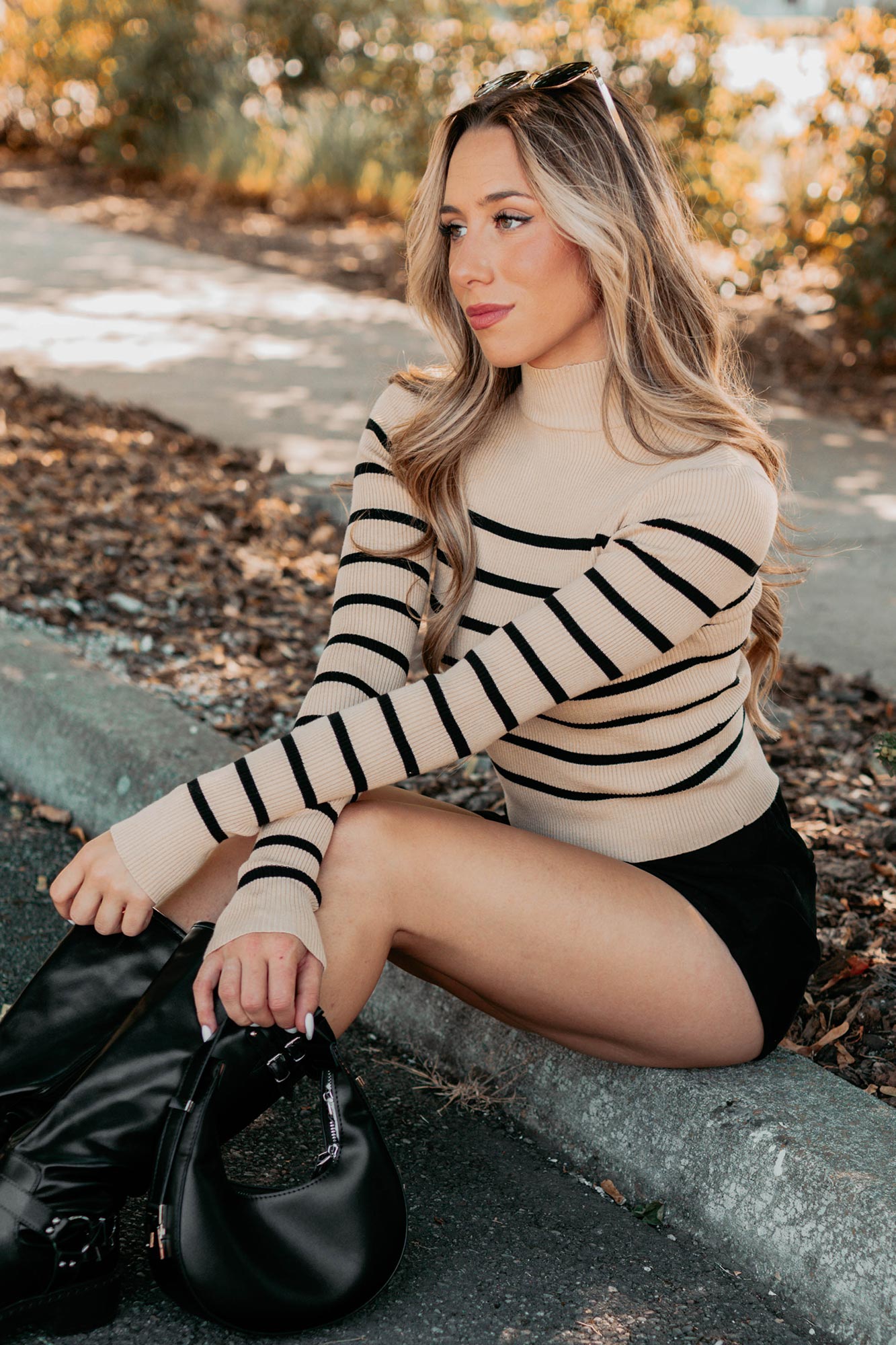 Blissful Rest Striped Mock Neck Sweater Top (Taupe/Black) - NanaMacs