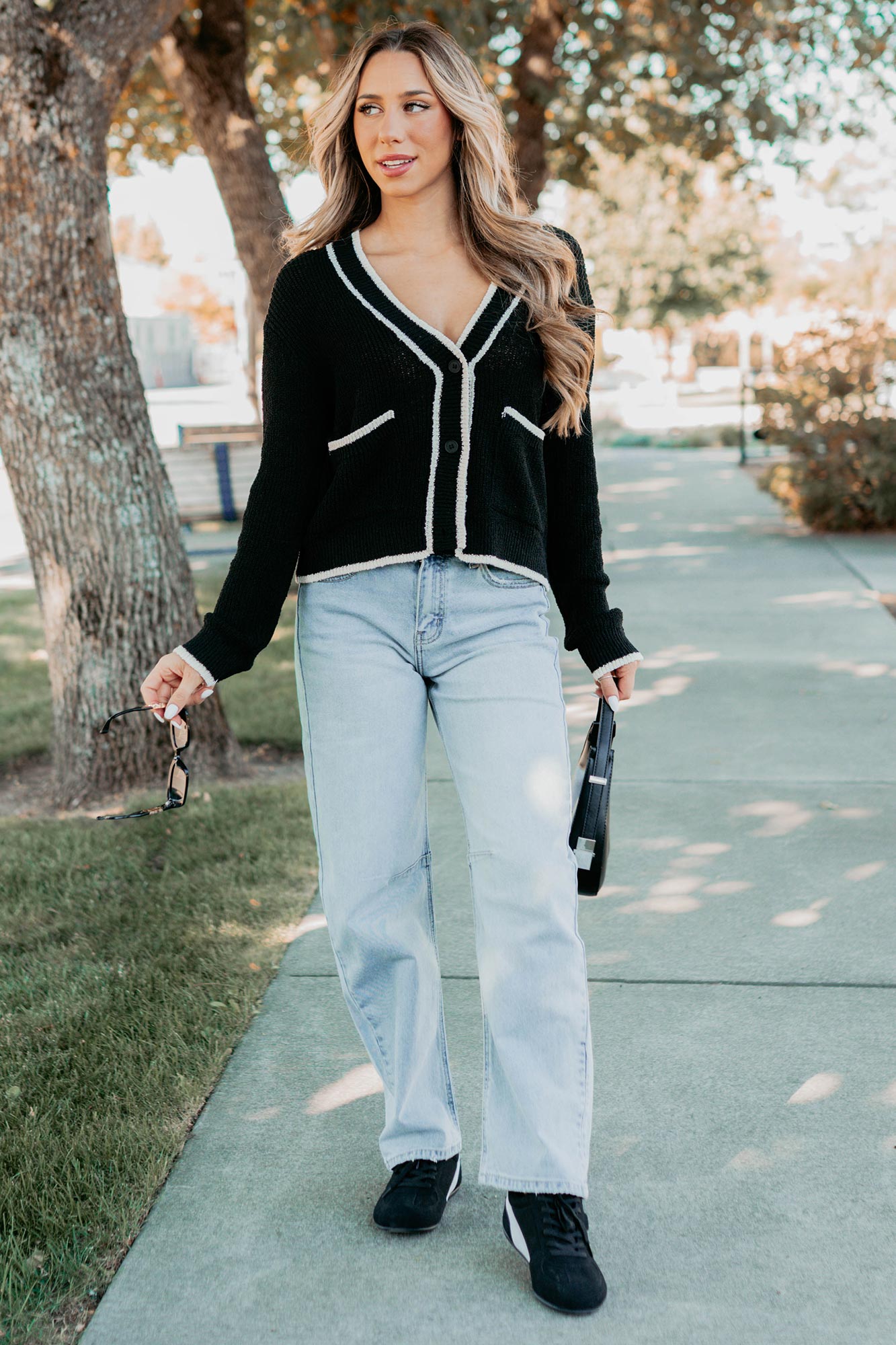 Comfort Current Contrast Button-Up Cardigan (Black) - NanaMacs