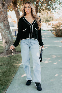 Comfort Current Contrast Button-Up Cardigan (Black) - NanaMacs