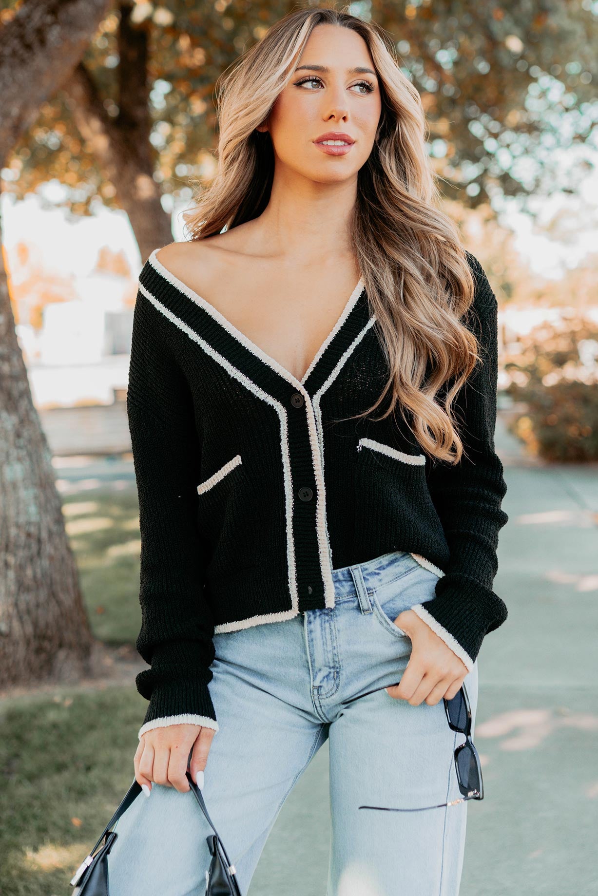 Comfort Current Contrast Button-Up Cardigan (Black) - NanaMacs