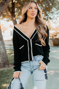 Comfort Current Contrast Button-Up Cardigan (Black) - NanaMacs