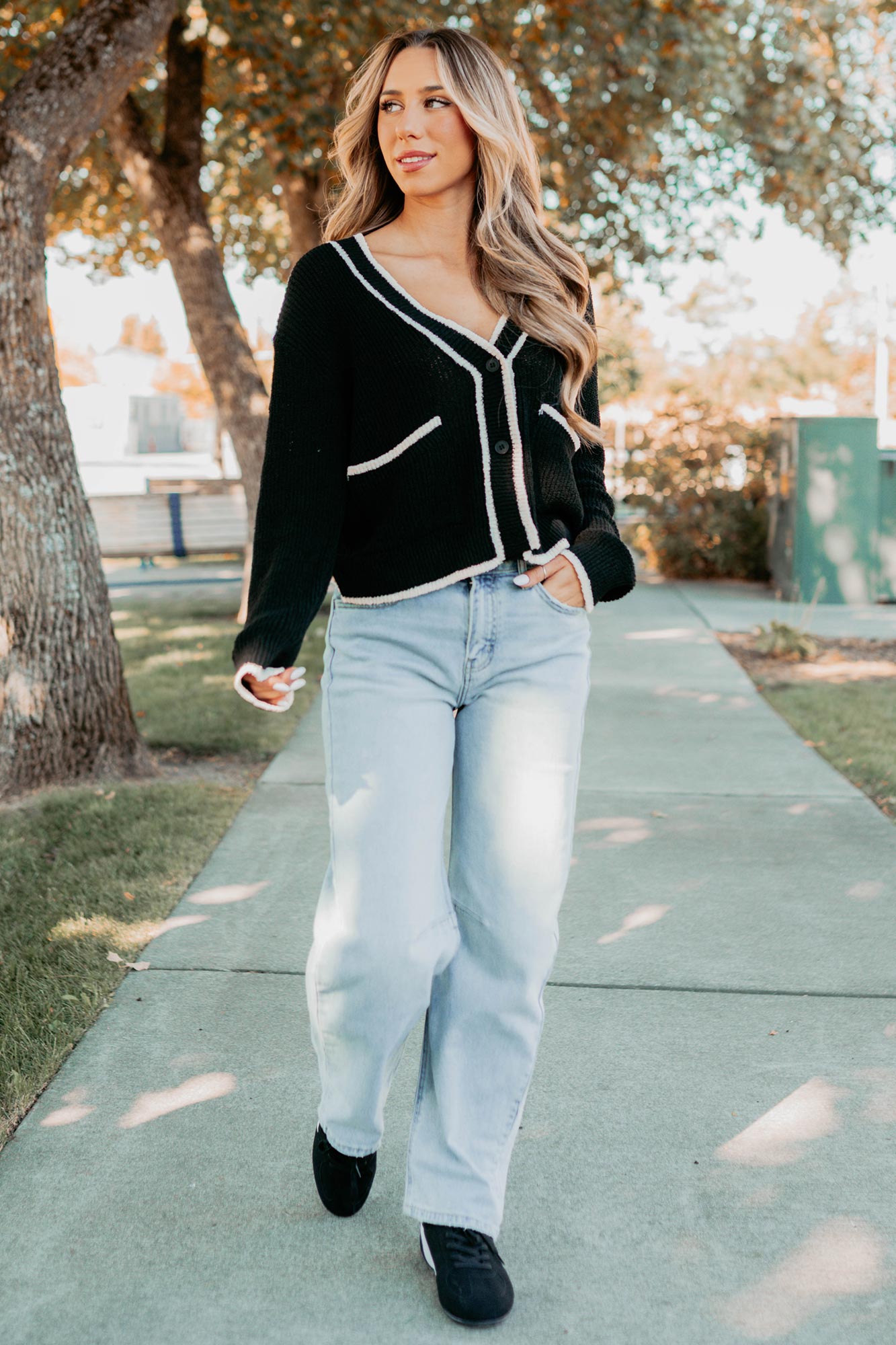 Comfort Current Contrast Button-Up Cardigan (Black) - NanaMacs