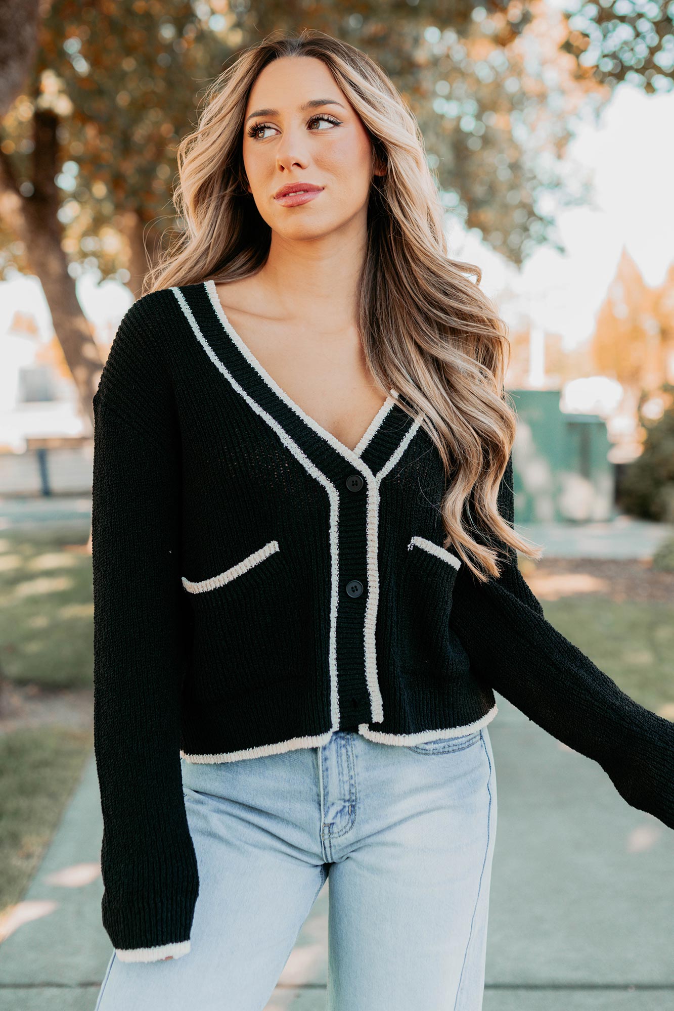 Comfort Current Contrast Button-Up Cardigan (Black) - NanaMacs