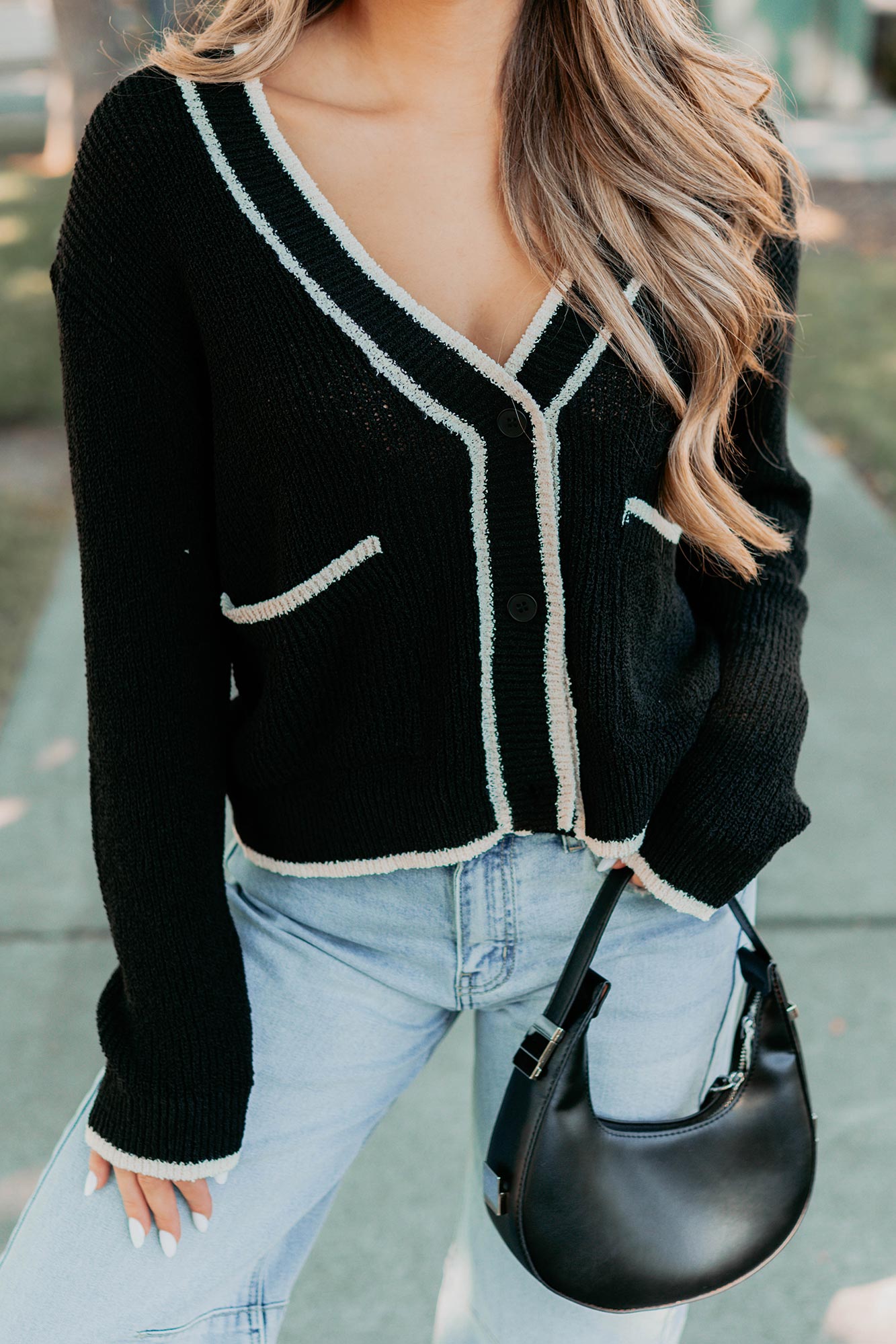 Comfort Current Contrast Button-Up Cardigan (Black) - NanaMacs