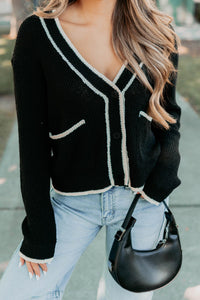 Comfort Current Contrast Button-Up Cardigan (Black) - NanaMacs