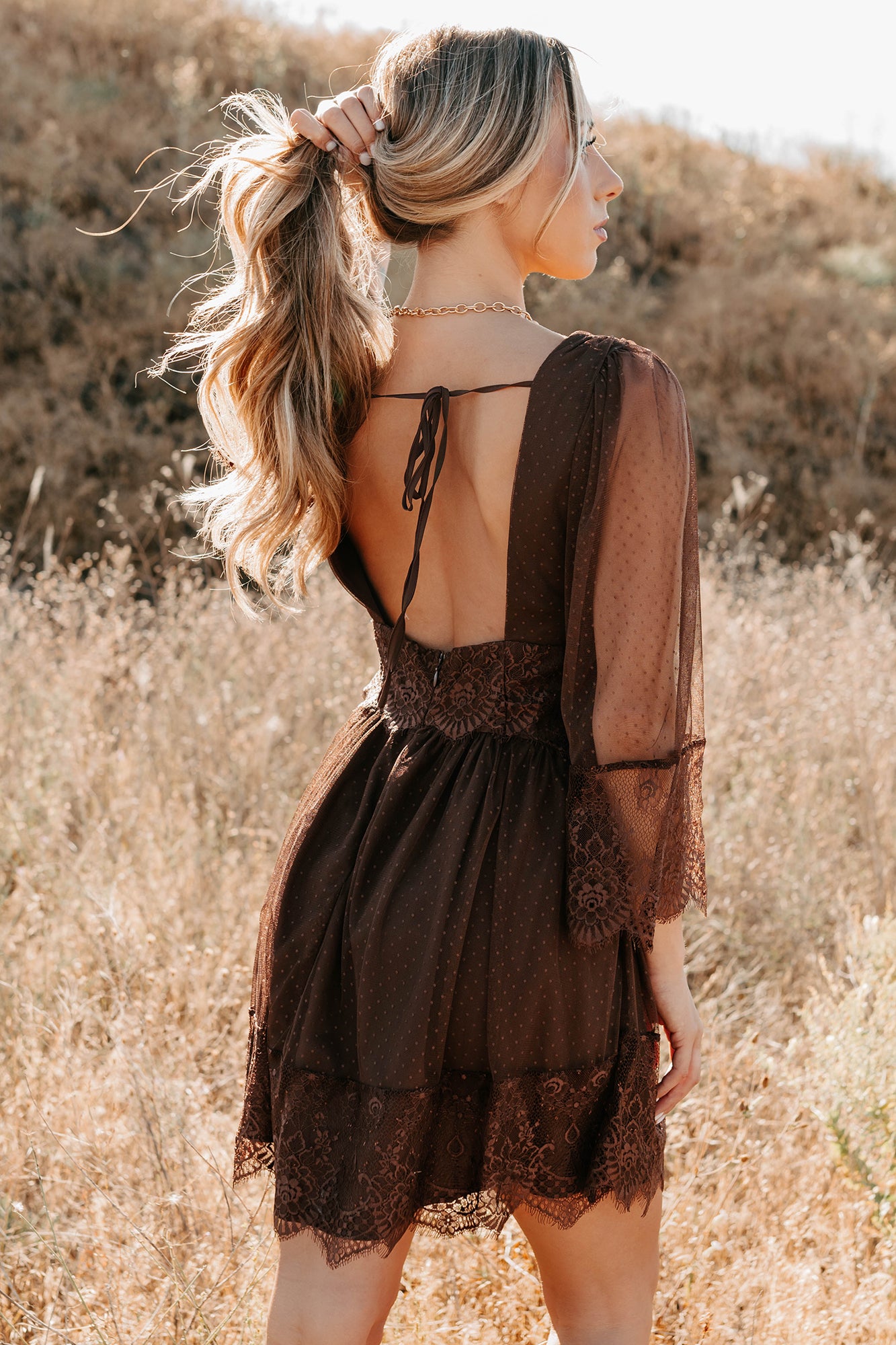 Ethereal Aura Dotted Mesh Mini Dress (Chocolate) - NanaMacs