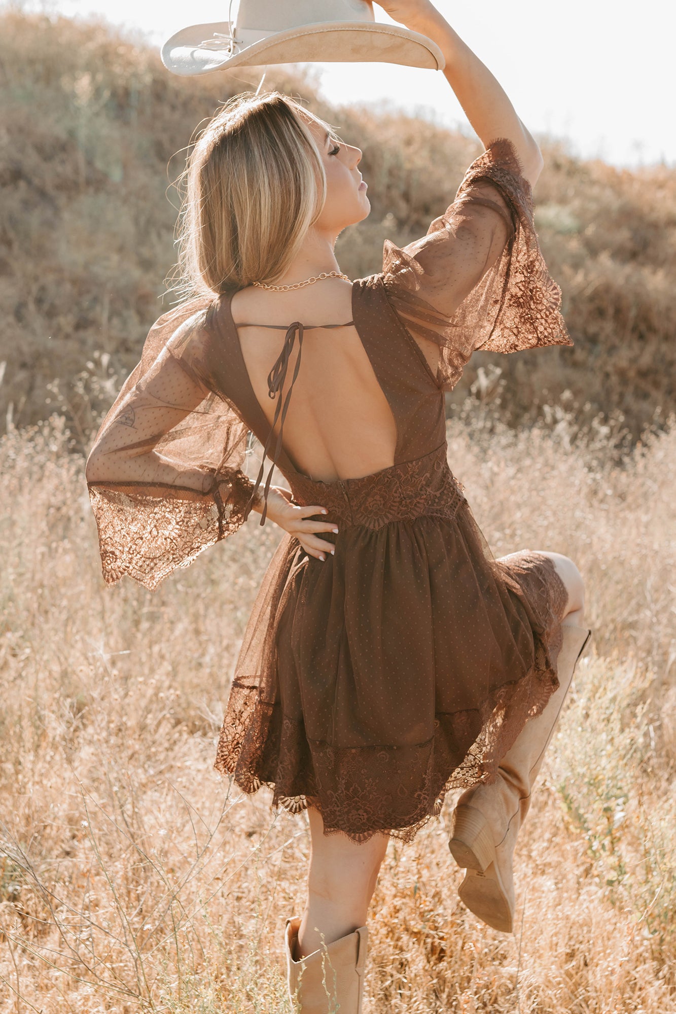 Ethereal Aura Dotted Mesh Mini Dress (Chocolate) - NanaMacs