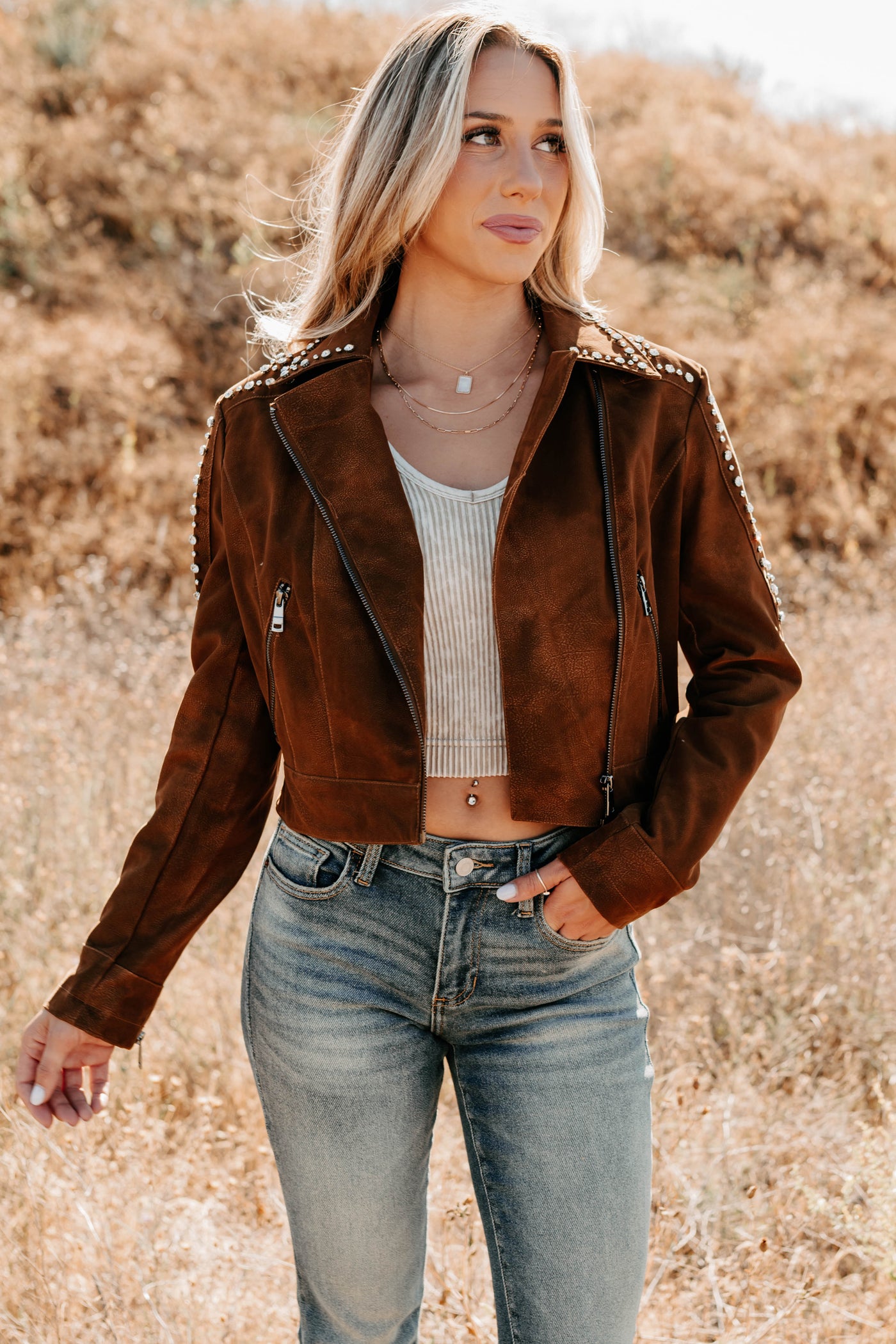 Boots & Blush Rhinestone Studded Suede Jacket (Camel) - NanaMacs