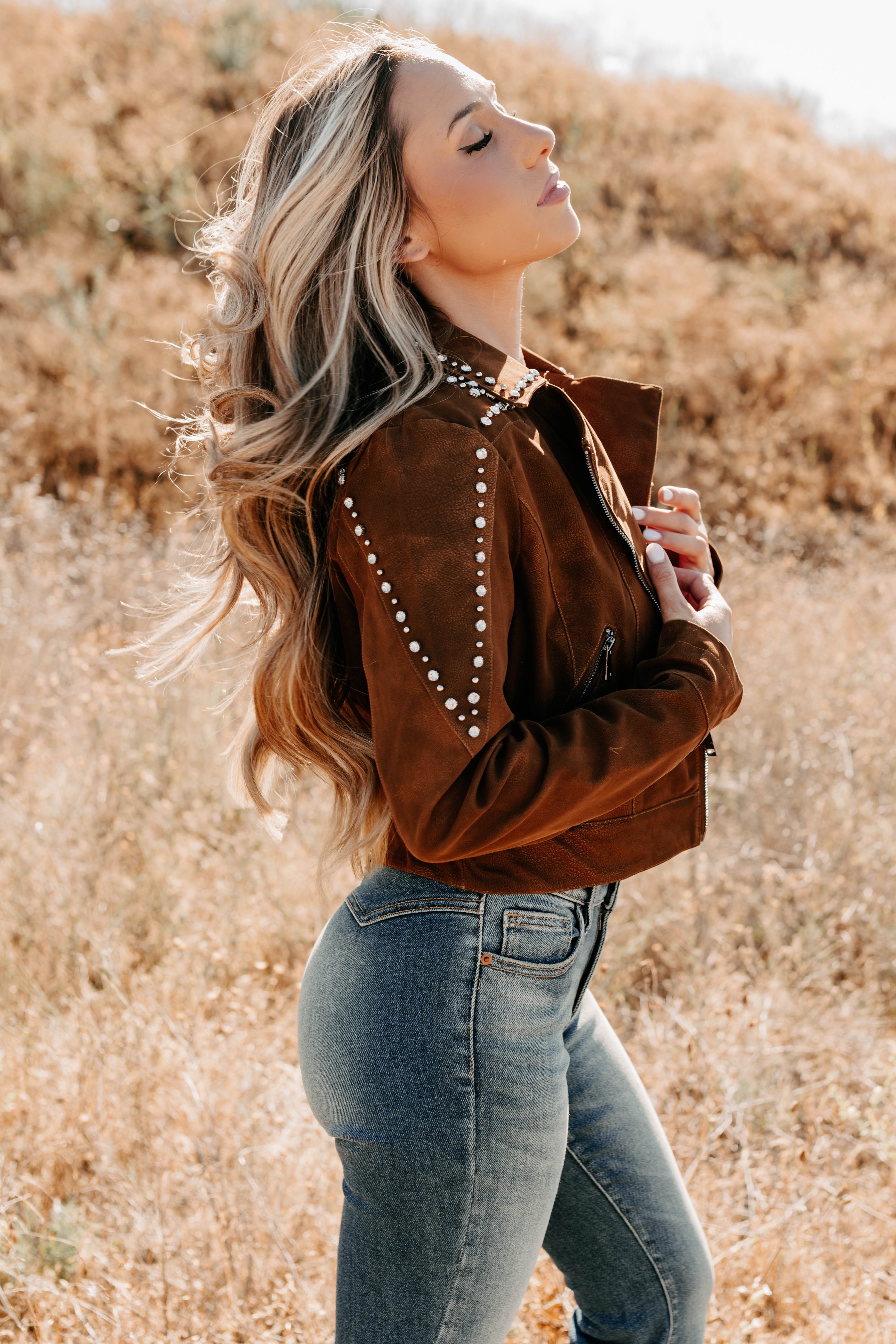 Boots & Blush Rhinestone Studded Suede Jacket (Camel) - NanaMacs
