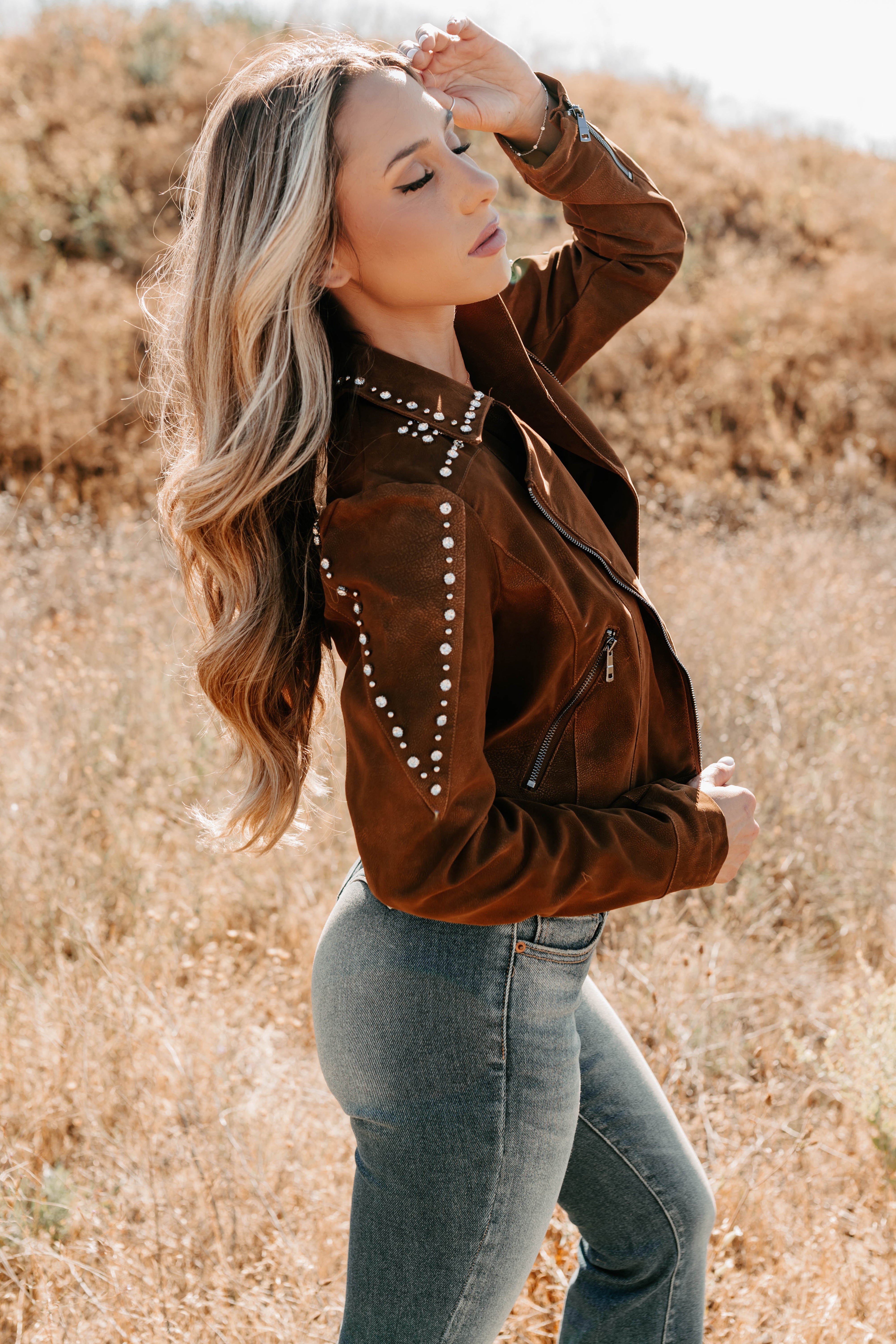 Boots & Blush Rhinestone Studded Suede Jacket (Camel) - NanaMacs