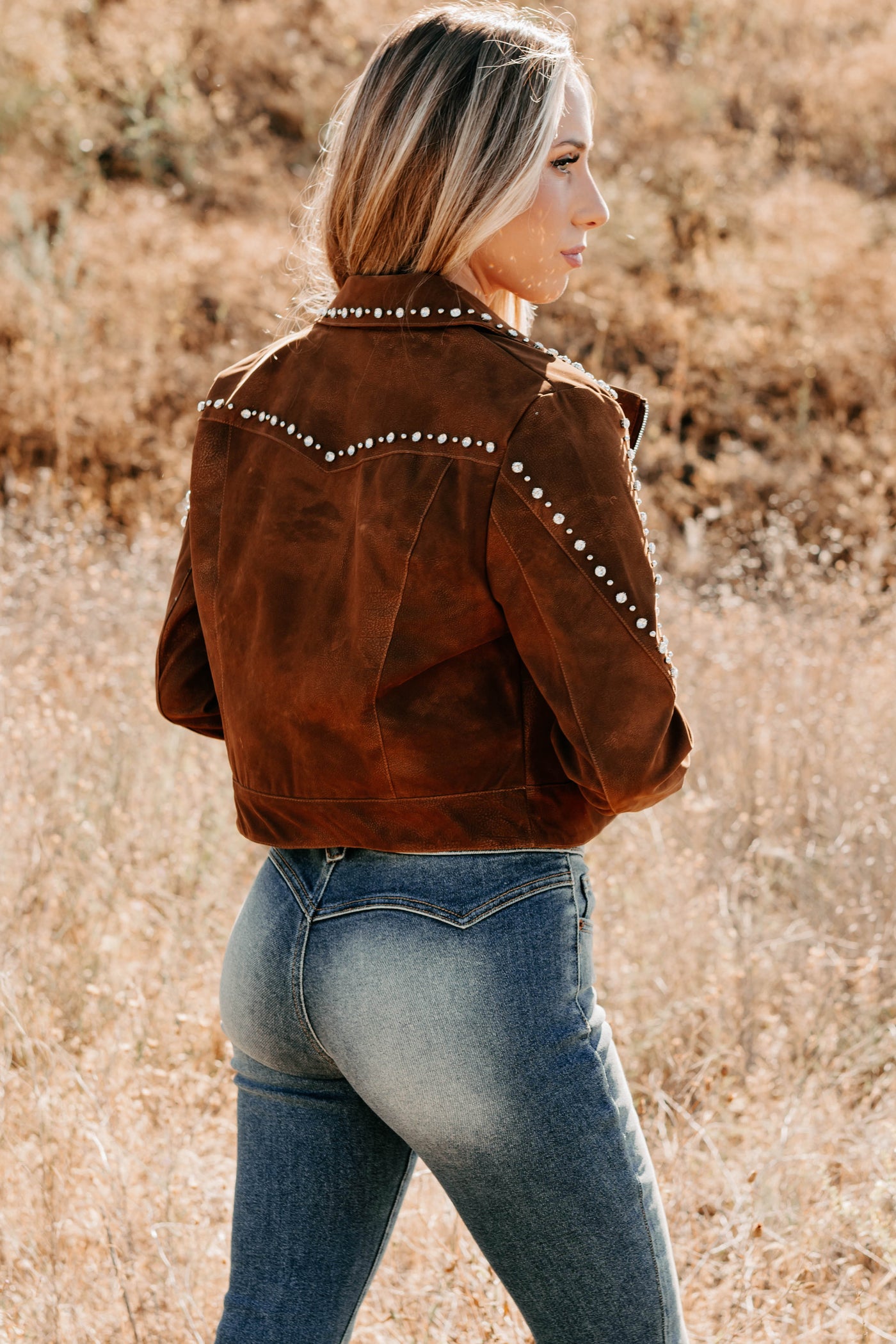 Boots & Blush Rhinestone Studded Suede Jacket (Camel) - NanaMacs