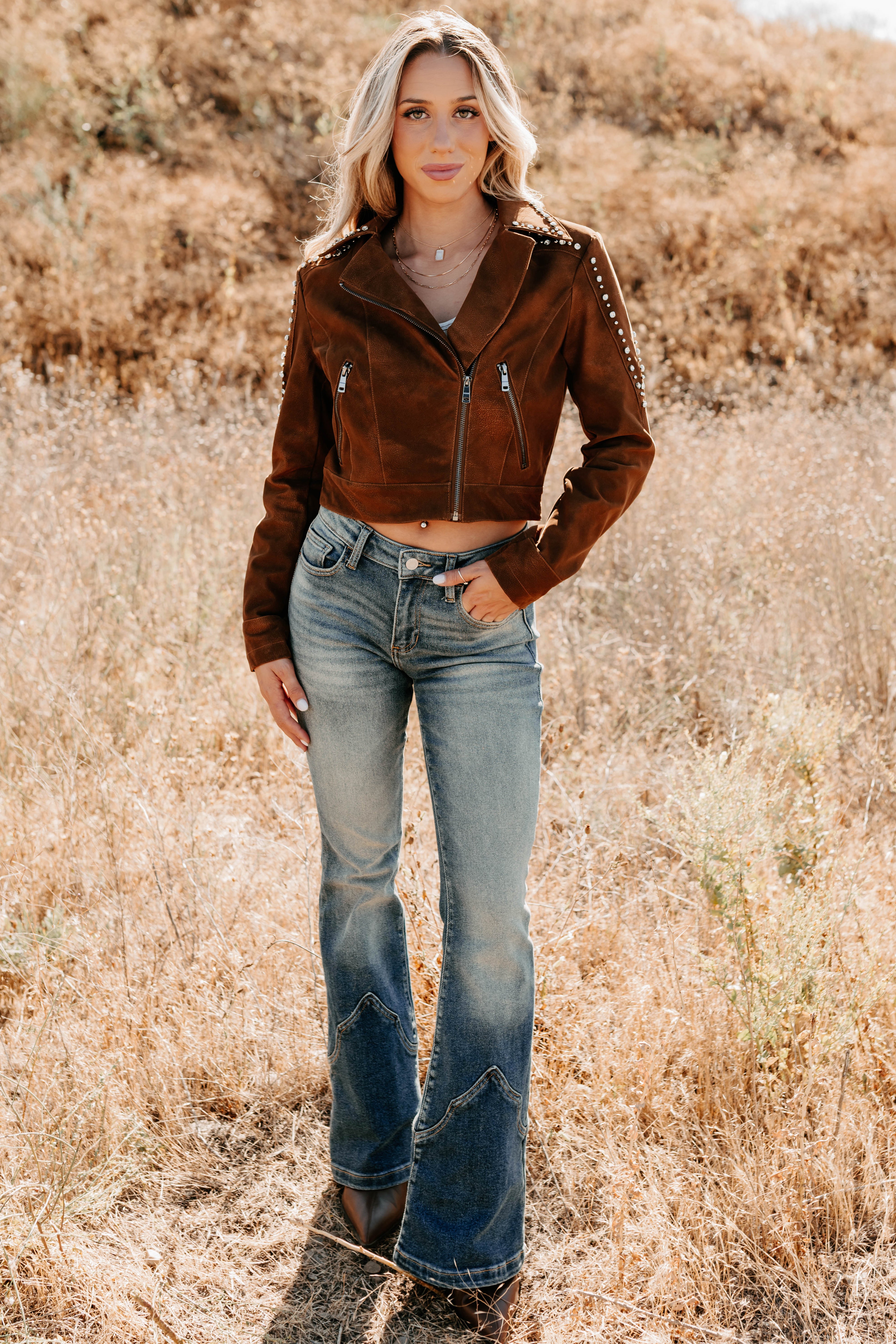 Boots & Blush Rhinestone Studded Suede Jacket (Camel) - NanaMacs