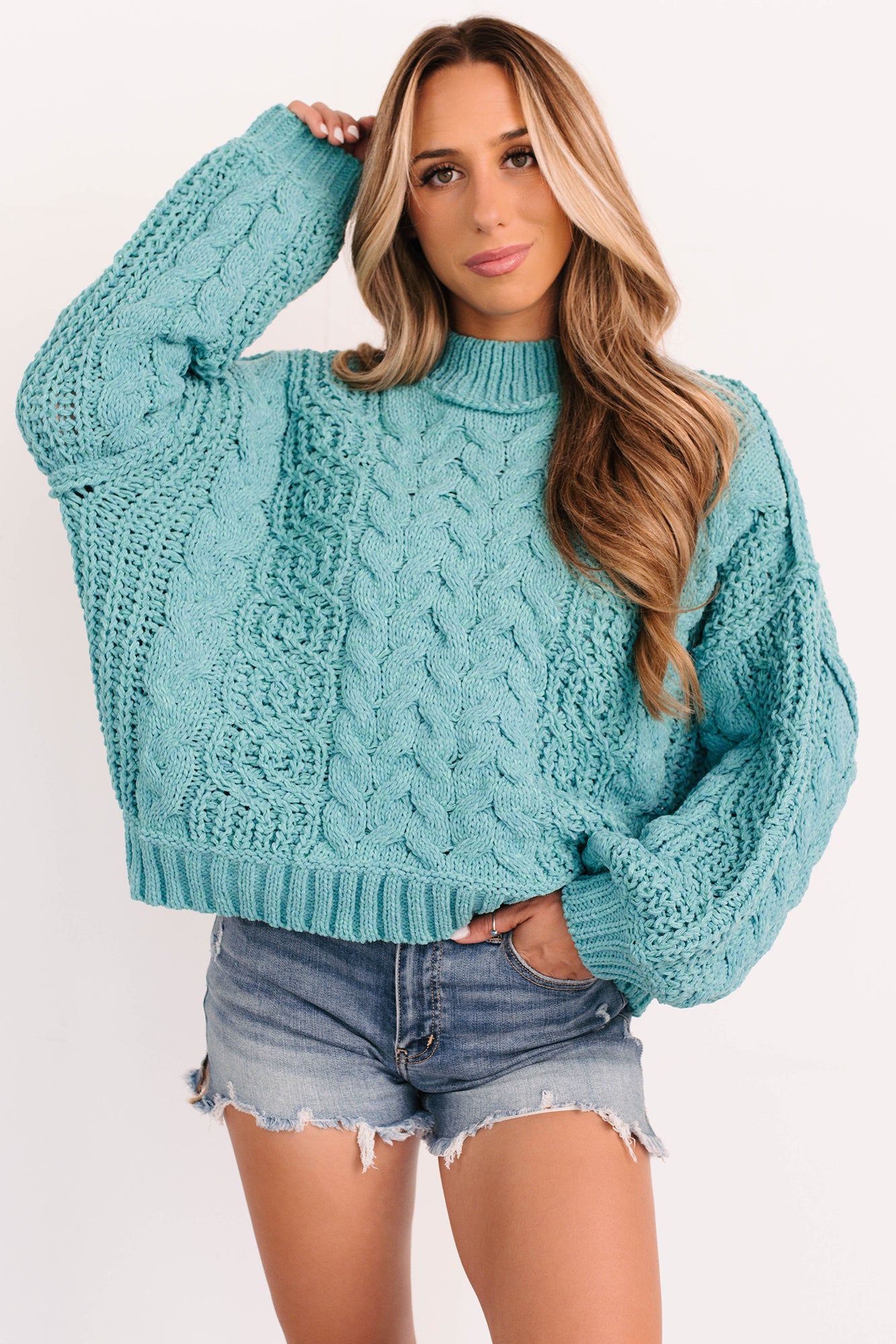 Things Change POL Cable Knit Sweater (Aqua Teal) - NanaMacs