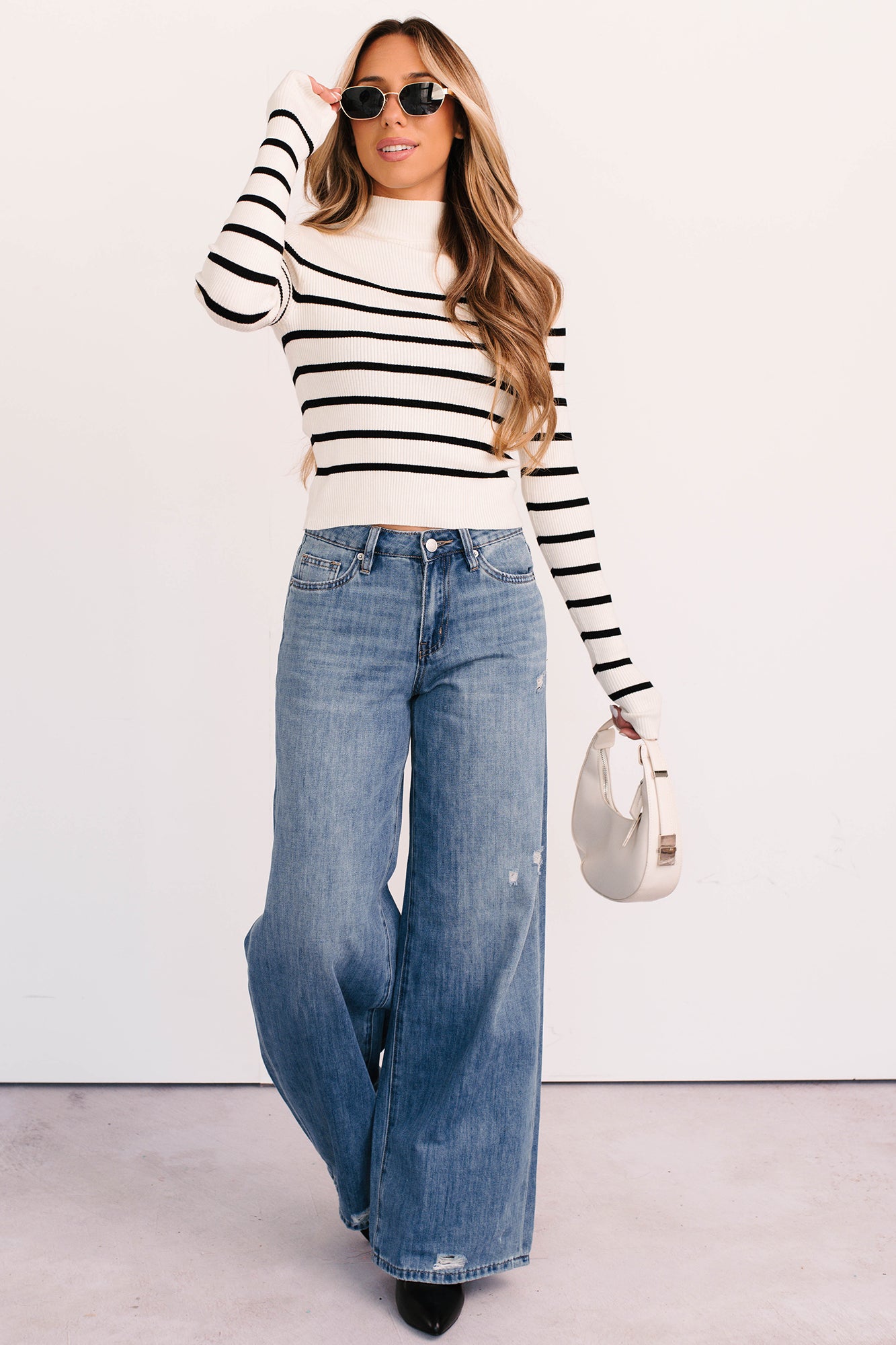 Blissful Rest Striped Mock Neck Sweater Top (Cream/Black) - NanaMacs