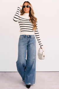 Blissful Rest Striped Mock Neck Sweater Top (Cream/Black) - NanaMacs